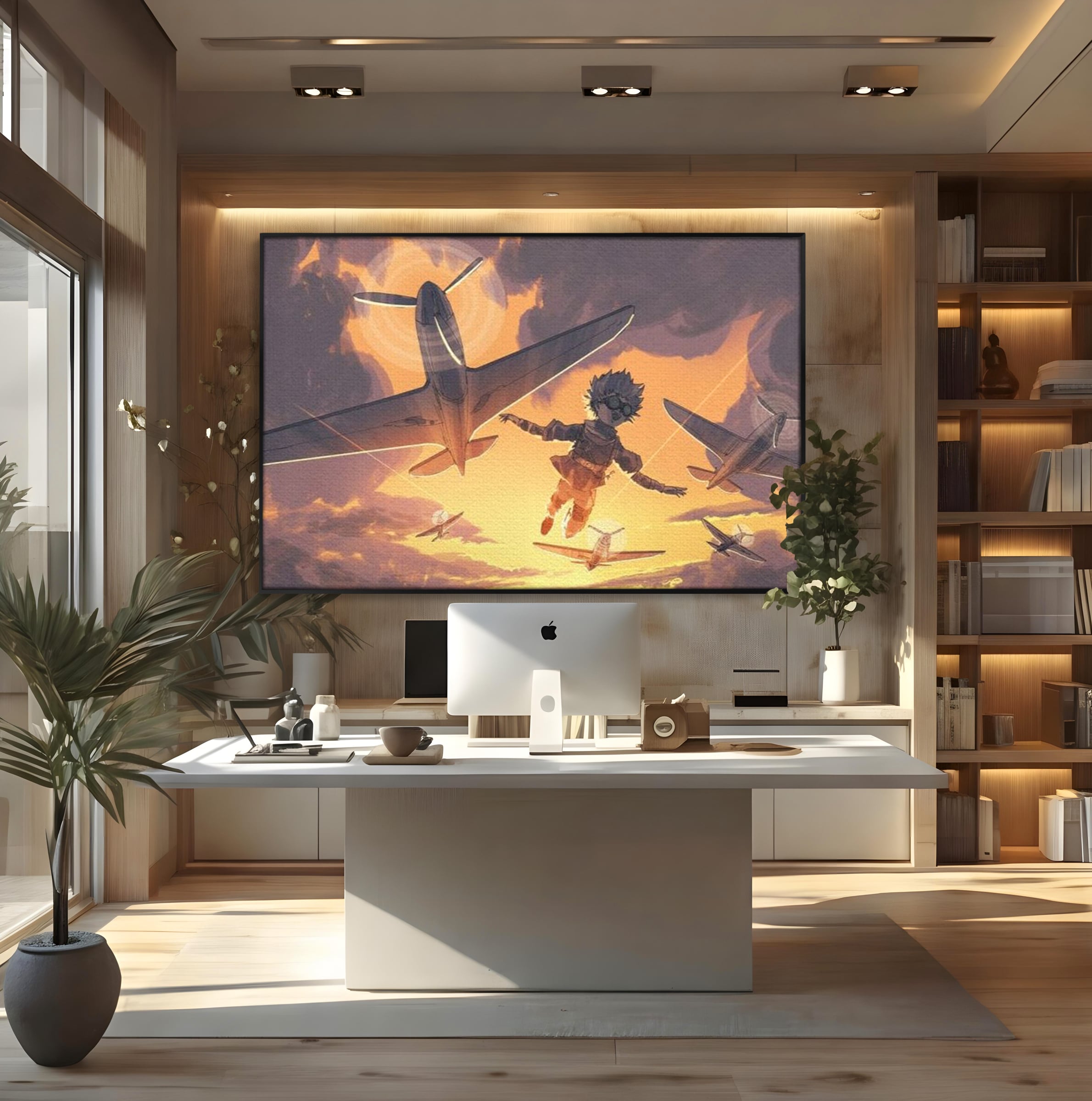 Tablou canvas cu ilustratie digitala cu un baietel zburand alaturi de avioane, in rama de aluminiu negru, pe perete intr-un birou